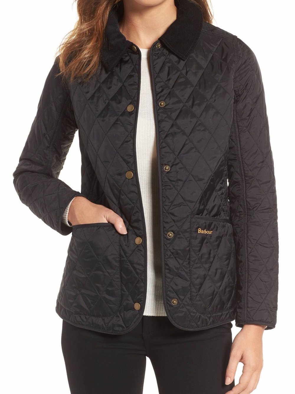 Barbour Black Quilted Snap-Front Jacket with Cord Collar